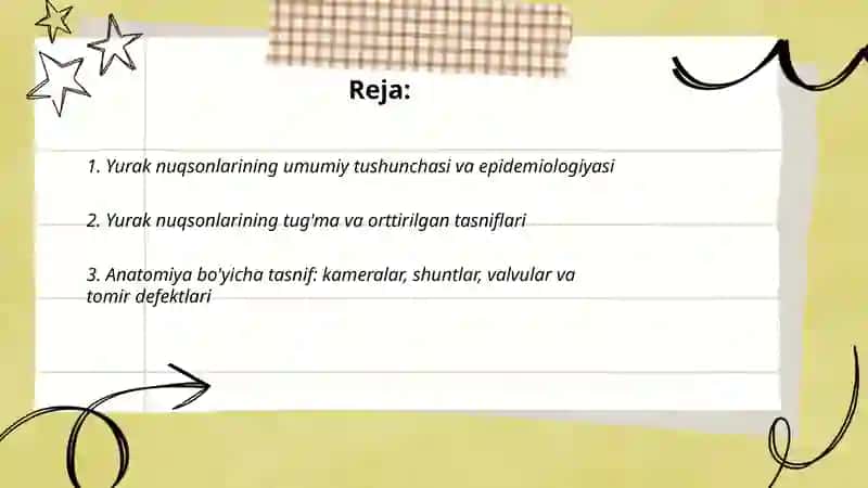 Yurak nuqsonlari haqida tushuncha. Tasnifi. Tashxislash. EKG -oʼzgarishlarni aniqlash va xulosa yozish, bemorlarni dinamikada kuzatish prinsiplari 2