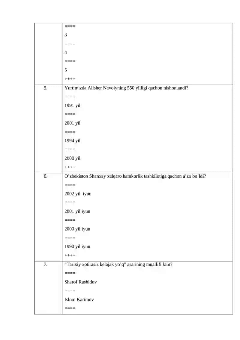O'zbekistonning eng yangi tarixi yakuniy test savollari 2