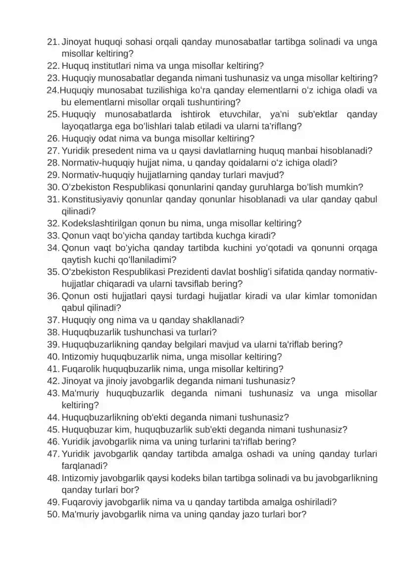 HUQUQSHUNOSLIK FANI BOʻYICHA SAVOLLAR 2
