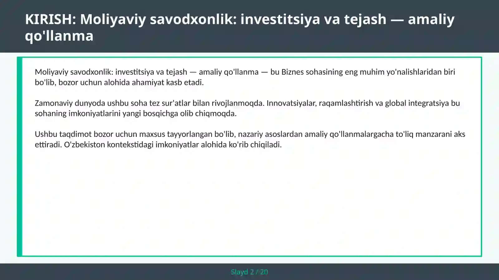 Moliyaviy savodxonlik: investitsiya va tejash — amaliy qo'llanma 2