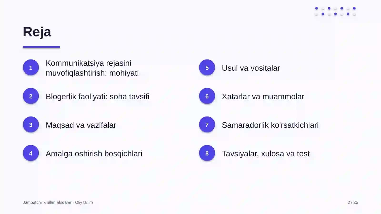 Kommunikatsiya rejasini muvofiqlashtirish 2