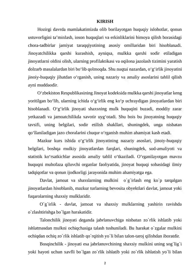 O'G'IRLIK JINOYATINING JINOIY HUQUQIY TAVSIFI (NAZARIYA VA AMALIYOT) 2