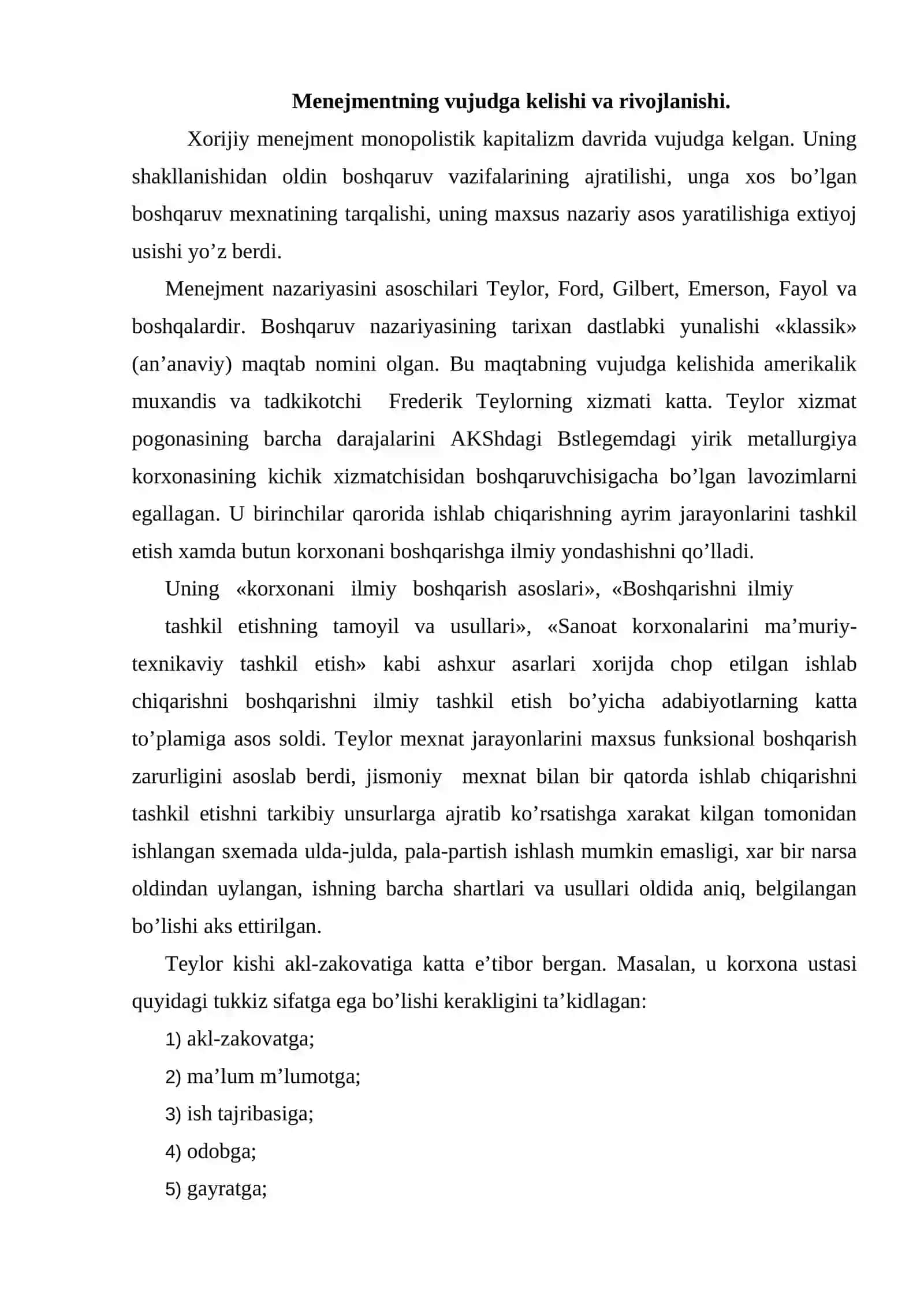Menejment nazariyasi va amaliyotining rivojlanishi 2