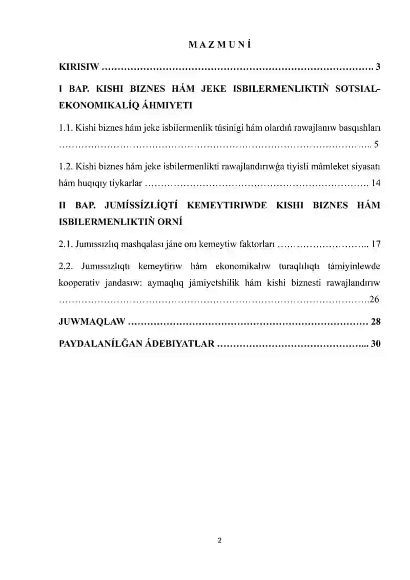 Jumıssızlıqtıń aldın alıwda kishi biznes hám jeke isbilermenliktiń tutqan ornı hám áhmiyeti 2