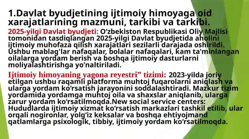 Davlat byudjetining ijtimoiy muhofaza qilish xarajatlari 2