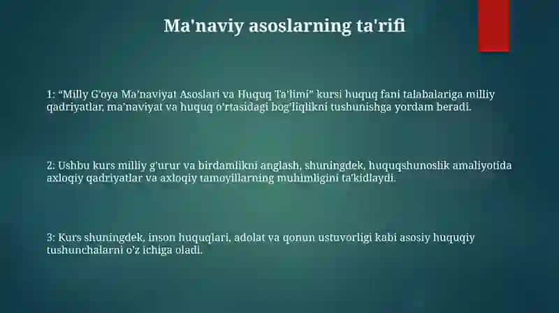 Milly GʻOya MaʼNaviyat Asoslari Va Huquq TaʼLimi Bakalavriyat TaʼLim YoʻNalishida OʻQitiladigan Milly GʻOya Va MaʼNaviyat Asoslari Turkimiga Kiruvchi Fanlar 2