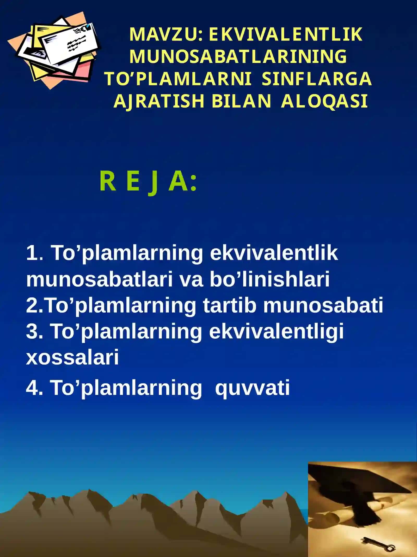 Ekvivalentlik munosabatlarining to'plamlarni sinflarga ajratish bilan aloqasi 2