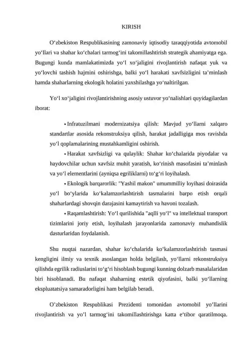 Shahar yo‘llari va ko‘chalarida ko‘kalamzorlashtirish tasmasi kengligini belgilash va yo‘l elementlarini loyihalash. 2