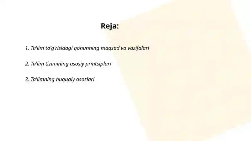 Ta'lim to'g'risidagi qonunning tuzilishi uning umumiy mohiyati 2