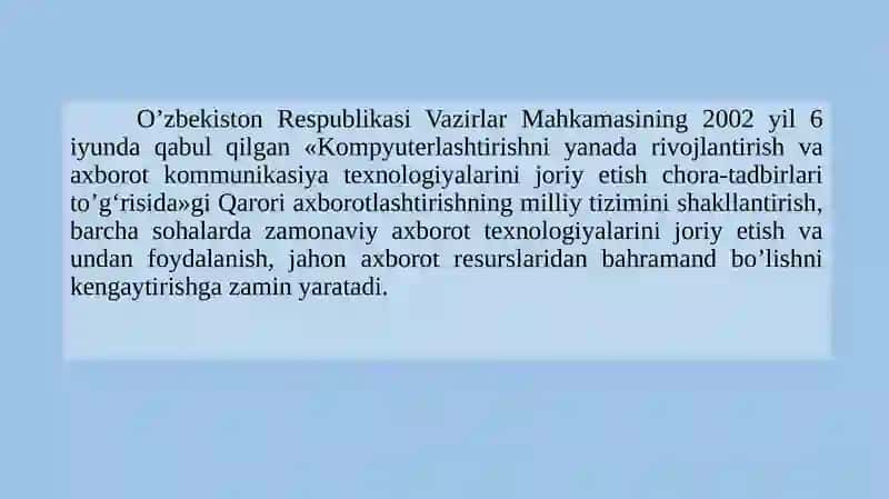 Kompyuterlashtirishni yana takomil solish va axborot kommunikatsiya texnologiyalarini joriy etish chora-tadbirlari 2
