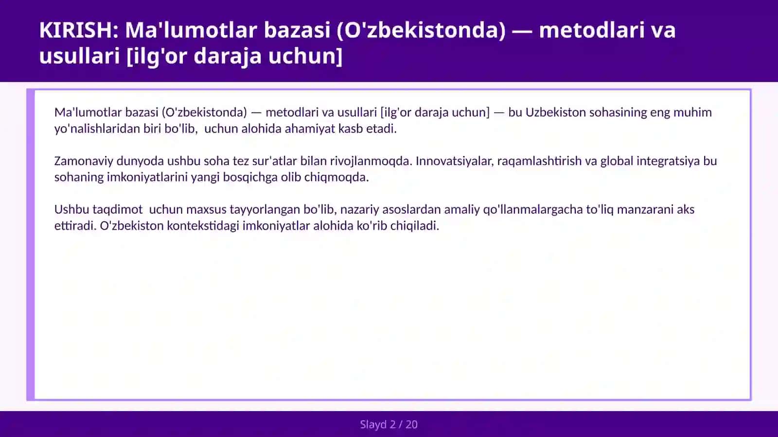 Ma'lumotlar bazasi (O'zbekistonda) — metodlari va usullari [ilg'or daraja uchun] 2