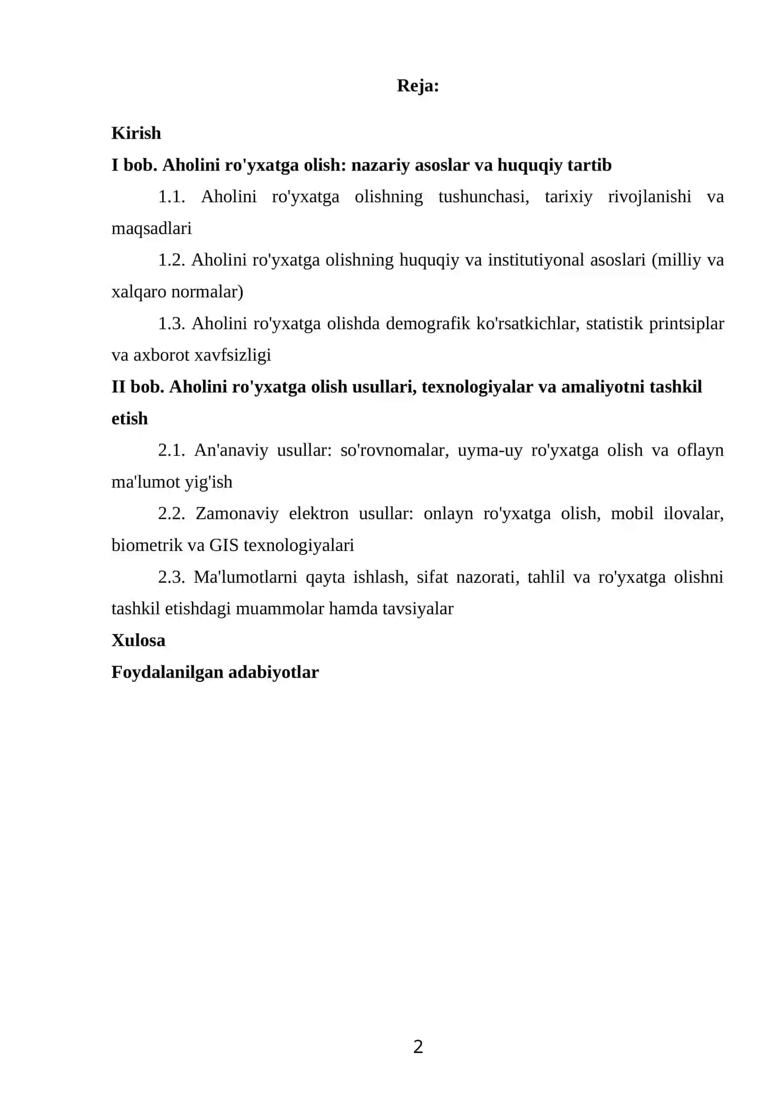 AHOLINI RO'YXATGA OLISH TARTIBI VA USULLARI” MAVZUSIDAGI KURS ISHI 2