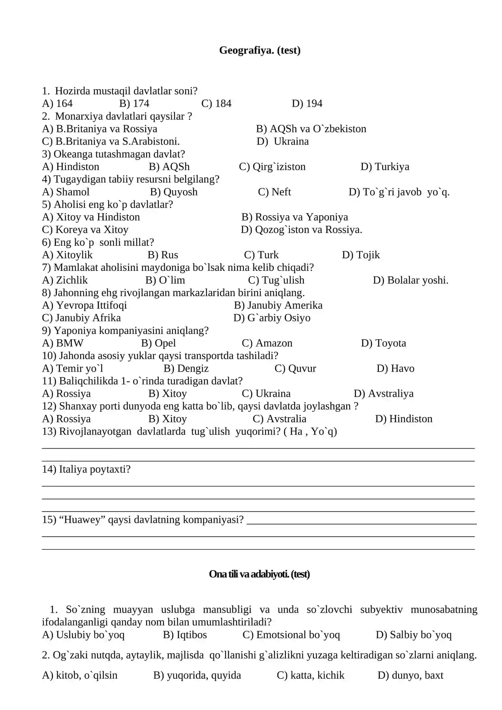 Fizika sinov test savollari 10-sinfga 2