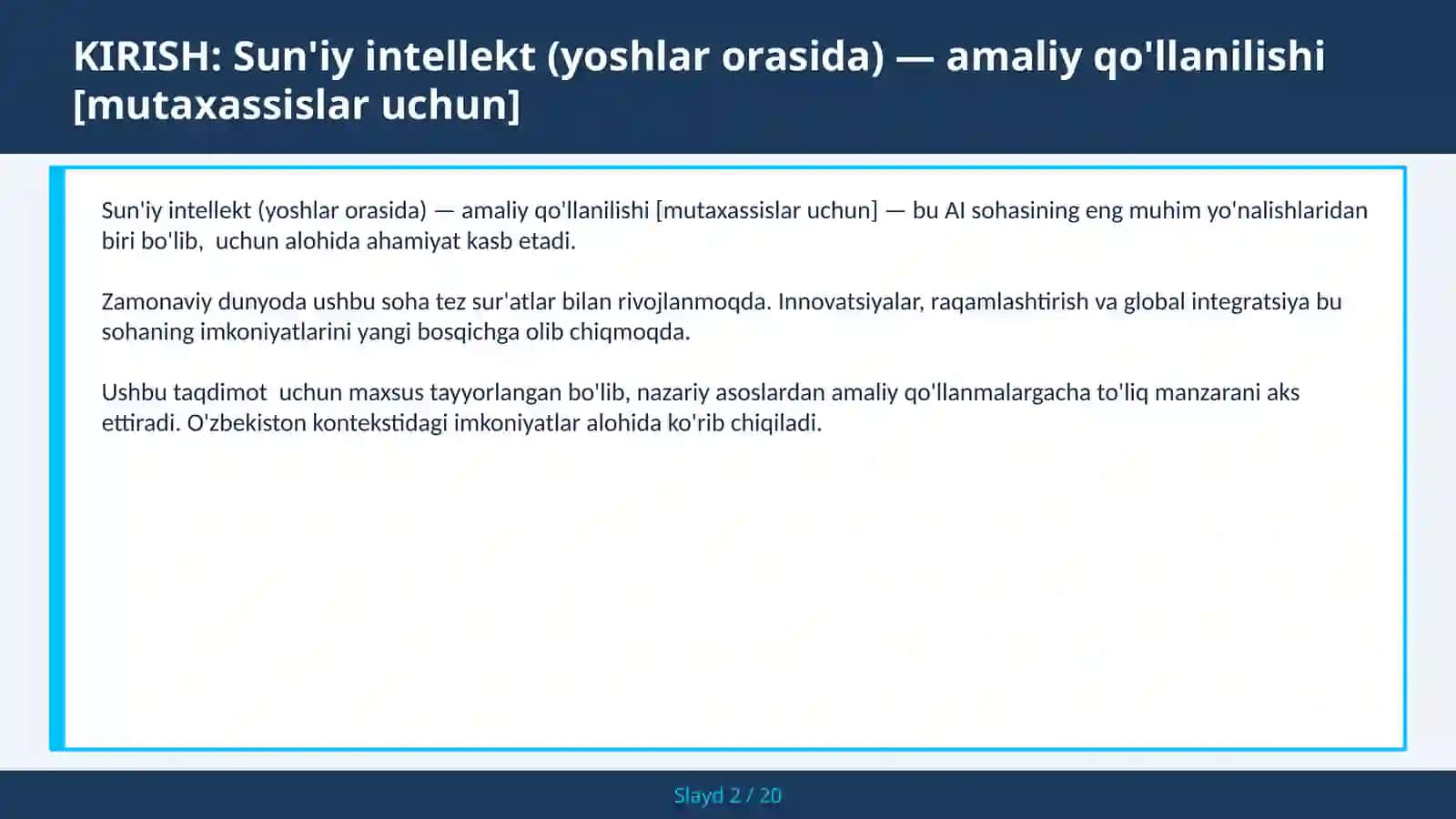 SUN'IY INTELLEKT (YOSHLAR ORASIDA) — AMALIY QO'LLANILISHI [MUTAXASSISLAR UCHUN] 2