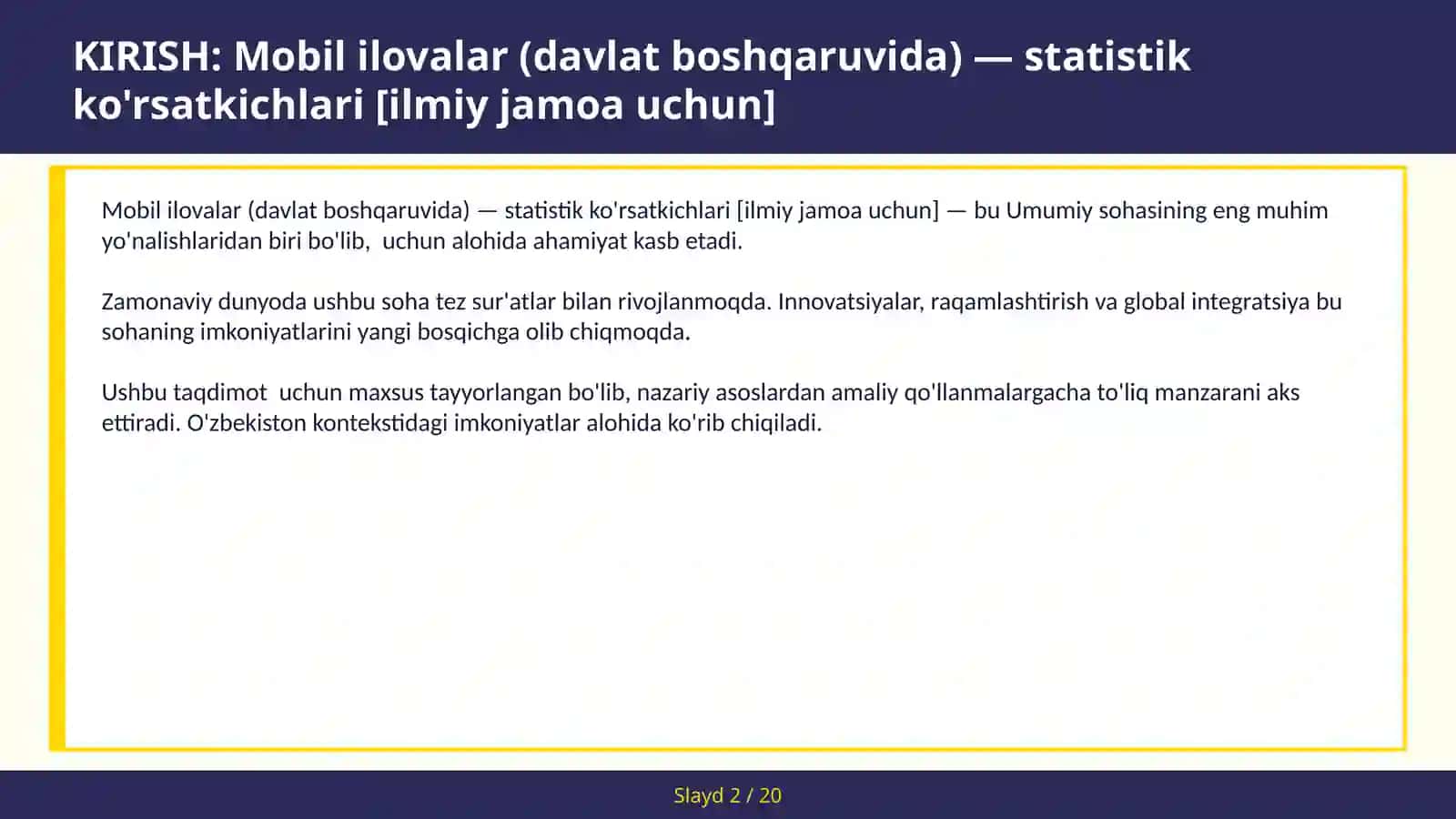 Mobil ilovalar (davlat boshqaruvida) — statistik ko'rsatkichlari [ilmiy jamoa uchun] 2