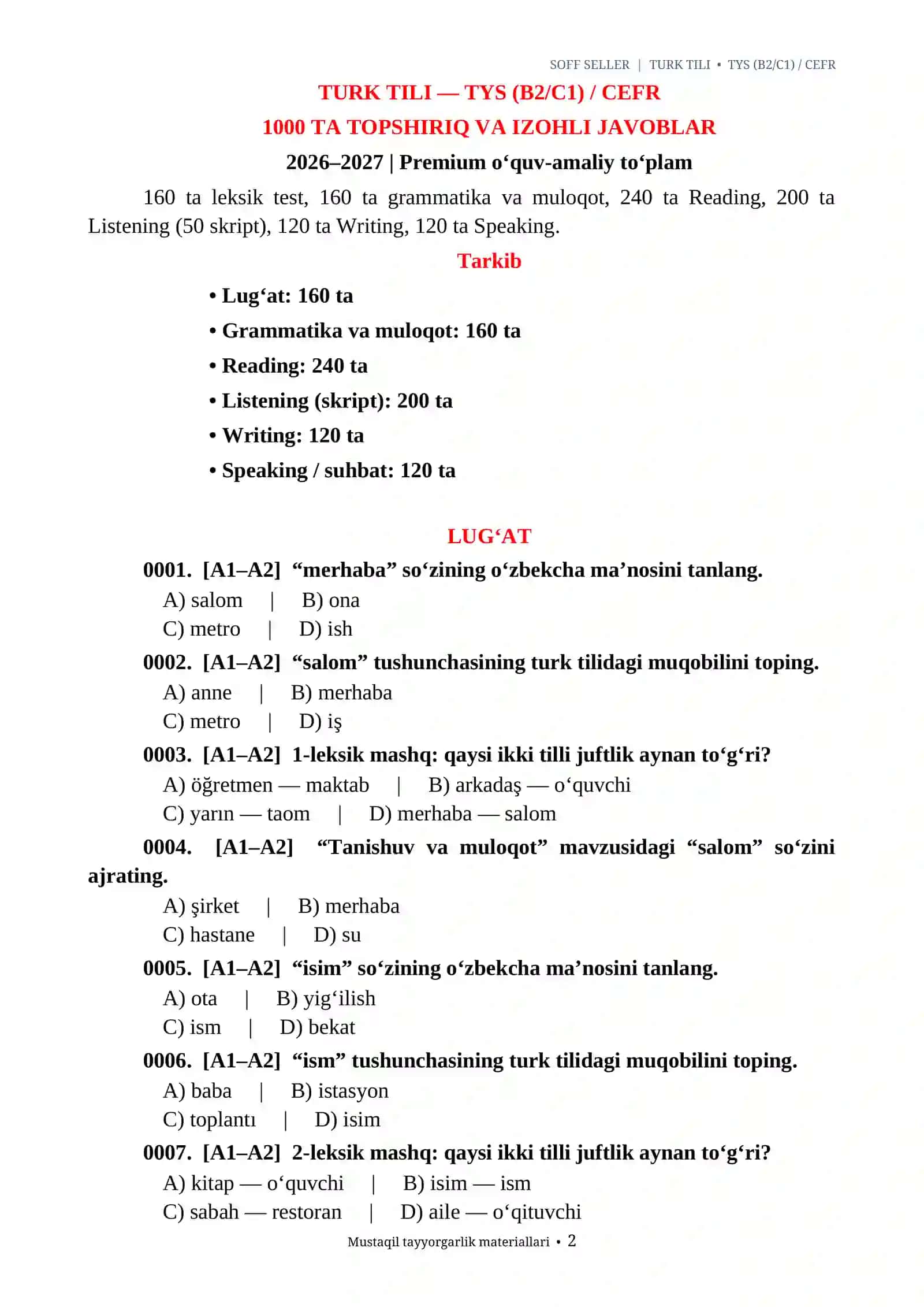TURK TILI — TYS (B2/C1) / CEFR/TURK TILI IMTIHON 1000 TA TOPSHIRIQ 2026-2027.docx 2