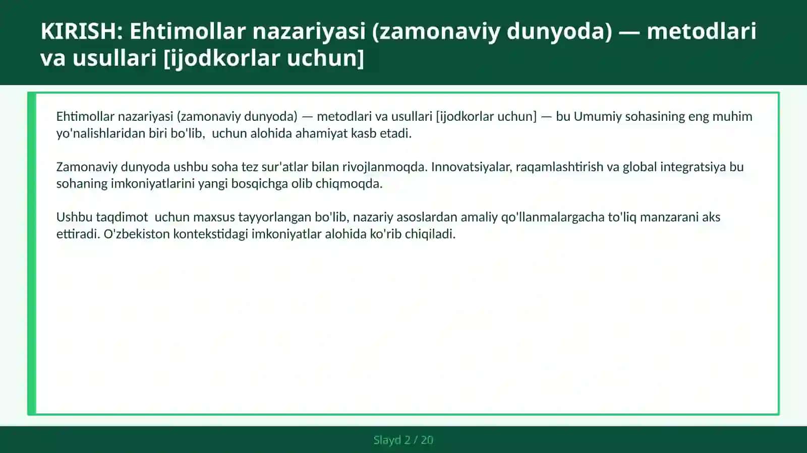Ehtimollar nazariyasi (zamonaviy dunyoda) — metodlari va usullari [ijodkorlar uchun] 2