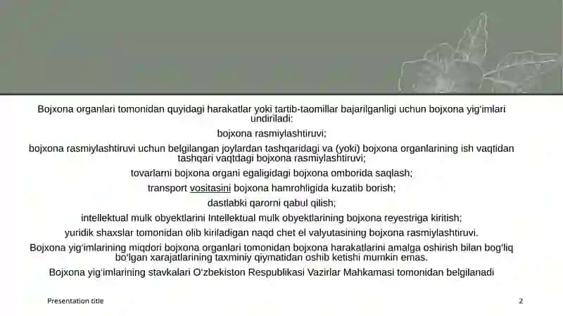 BOJXONA TO’LOVLARI VA ULARNI UNDIRISHNI TASHKIL ETISHNINGUMUMIY ASOSLARI 2