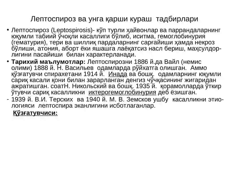 Лептоспироз ва унга қарши кураш тадбирлари 2