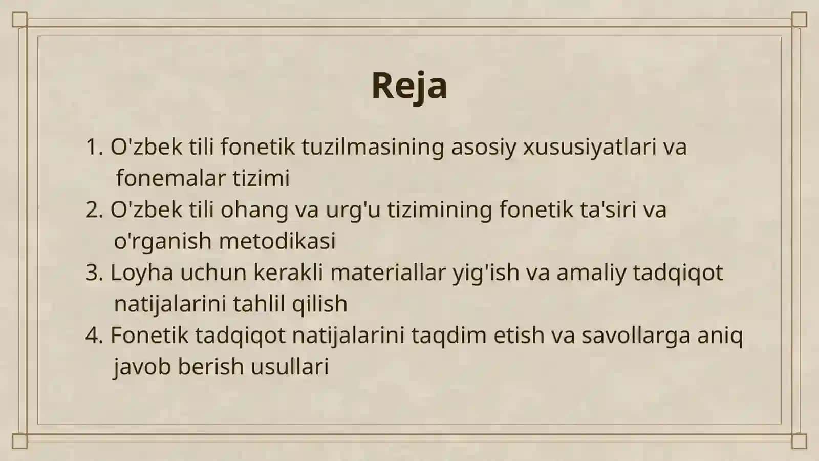OʻZBEK TILI FONETIKASI BUYICHA LOYHA TAYYORLASH VA HIMOYA QILISH 2