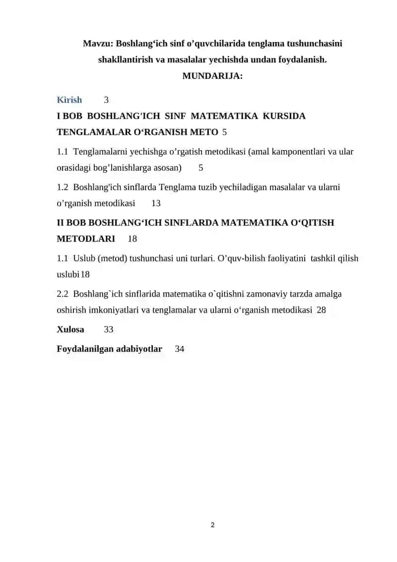 Boshlangʻich sinf oʼquvchilarida tenglama tushunchasini shakllantirish va masalalar yechishda undan foydalanish. 2