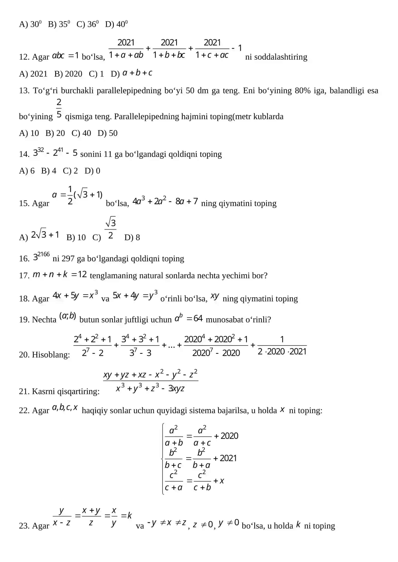 Matematikadan Al-Xorazmiy olimpiadasi uchun saralash testi(7-8-sinflar uchun) 2