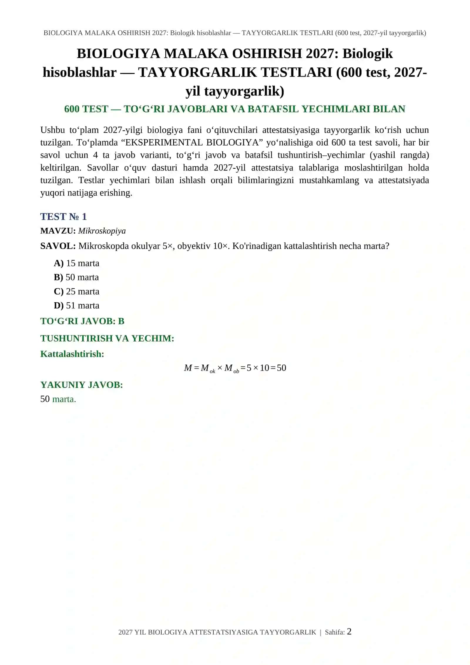 BIOLOGIYA MALAKA OSHIRISH 2027: Biologik hisoblashlar — TAYYORGARLIK TESTLARI (600 test, 2027-yil tayyorgarlik) 2