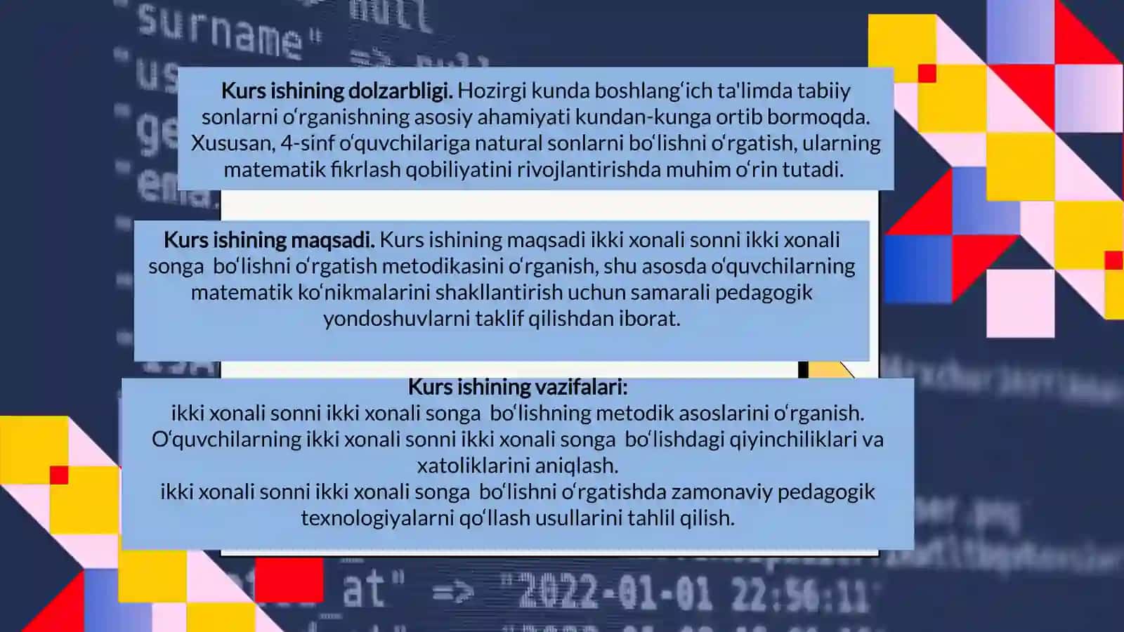 Boshlang‘ich sinf matematika darslarida ikki xonali sonni ikki xonali songa bolish konikmasini shakllantirish metodikasi 2