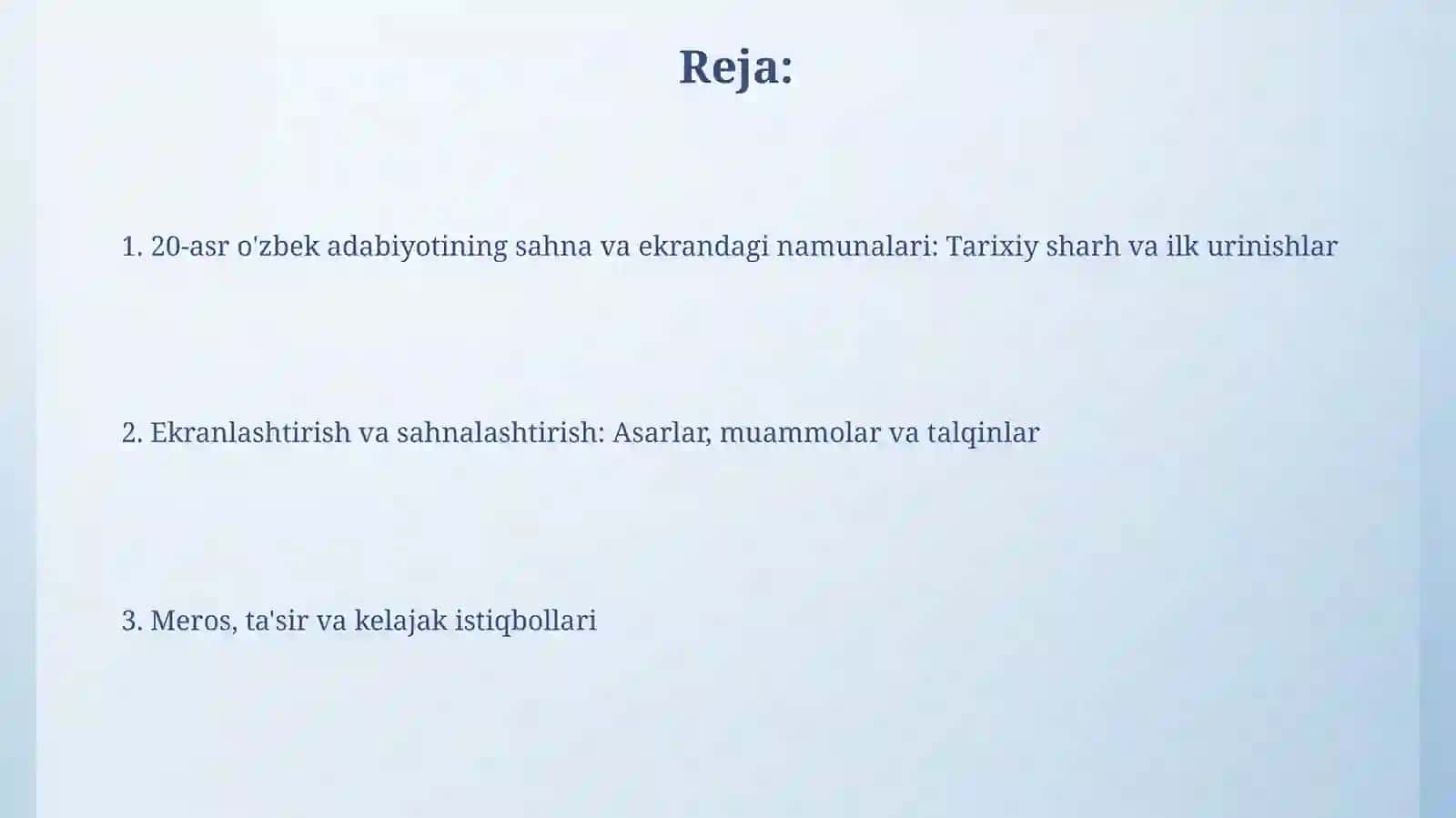 XX asr oʻzbek adabiyoti namunalari sahnavaekranda 2