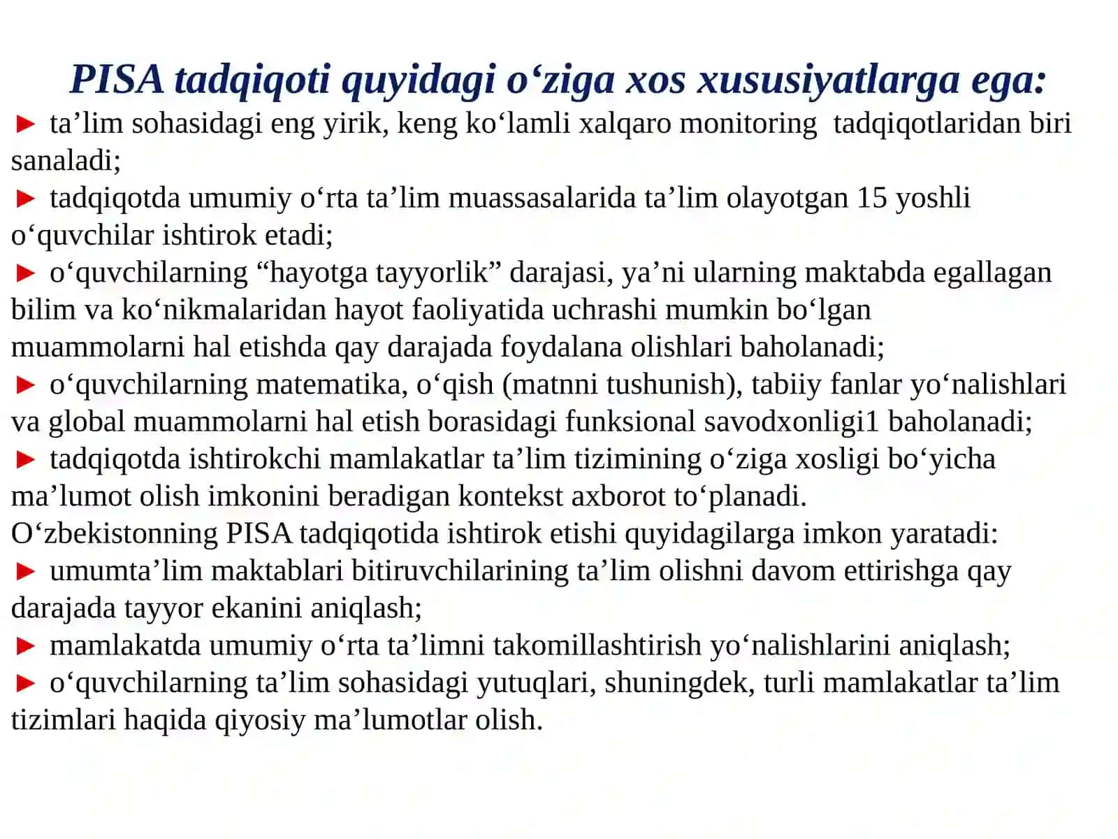 PISA – O‘QUVCHILARNING SAVODXONLIGINI BAHOLASH XALQARO DASTURI 2