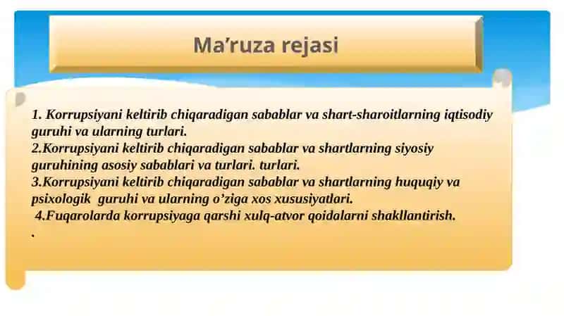 Korrupsiyaga oid huquqbuzarliklarni aniqlash, ularga chek qo'yish, javobgarlikning muqarrarligi, hamda fuqarolarda korrupsiyaga qarshi xulq-atvor qoidalarni shakllantirish 2