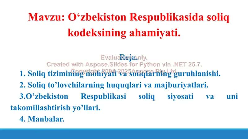 O‘zbekiston Respublikasida soliq kodeksining ahamiyati. Taqdimot 18 bet. 2