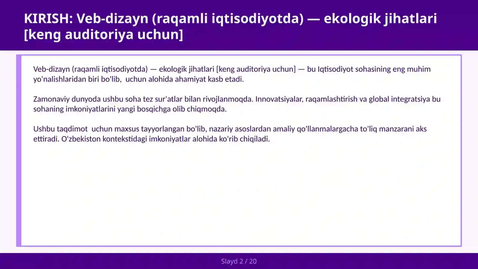 VEB-DIZAYN (RAQAMLI IQTISODIYOTDA) — EKOLOGIK JIHATLARI [KENG AUDITORIYA UCHUN] 2