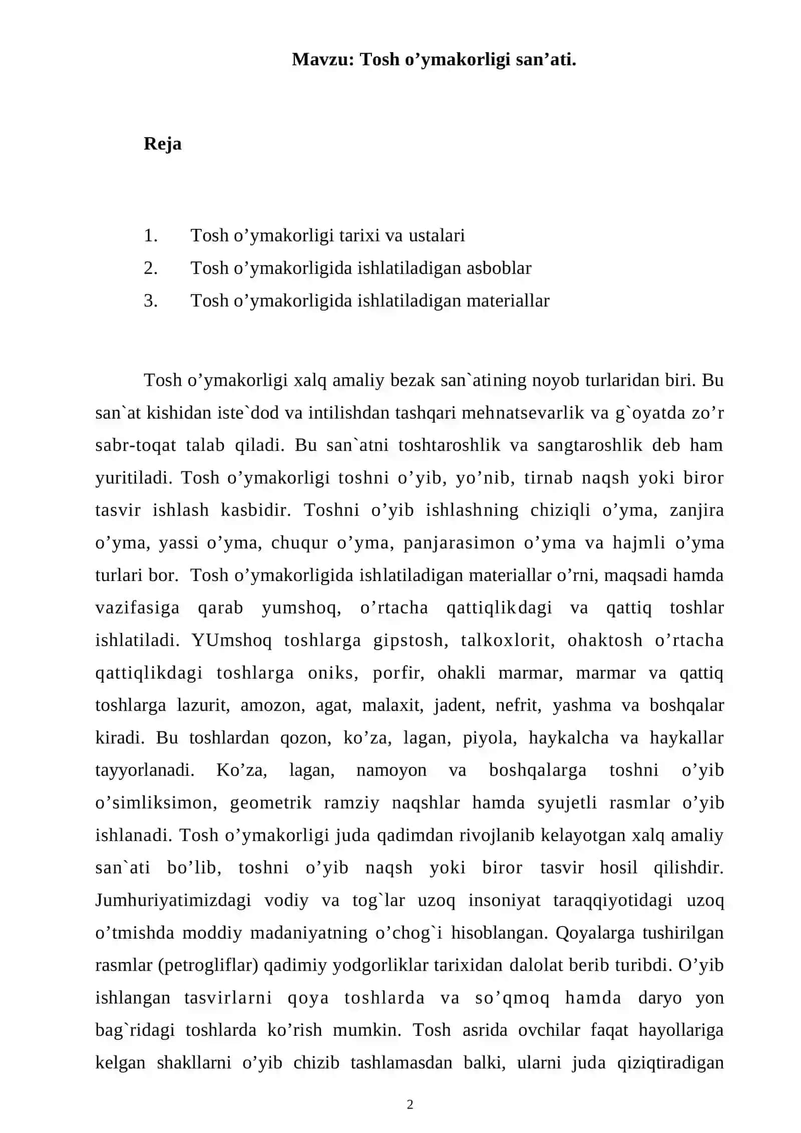 Tosh o'ymakorligi san’ati. Mustaqil ish 2
