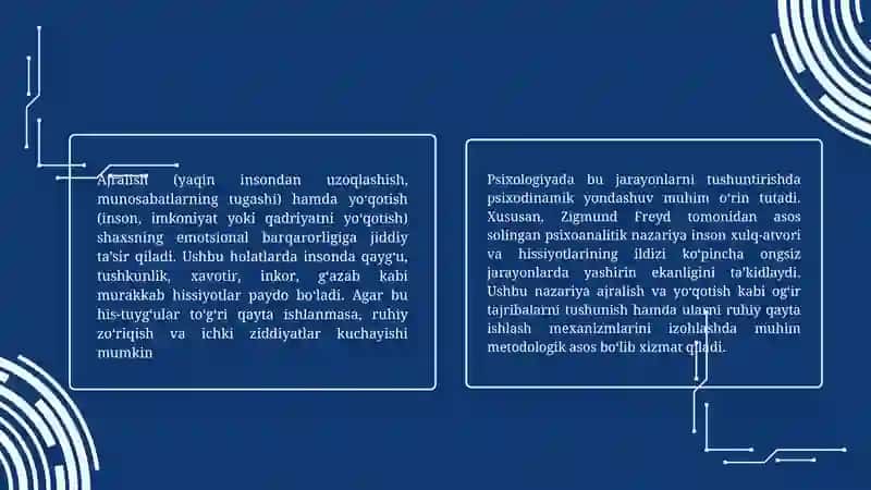 MAVZU: RUHIY QAYTA ISHLASHNING TA'SIRI "AJRALISH", "YO'QOTISH" TUYG'ULARI, "PSIXODINAMIK NAZARIYA" 2
