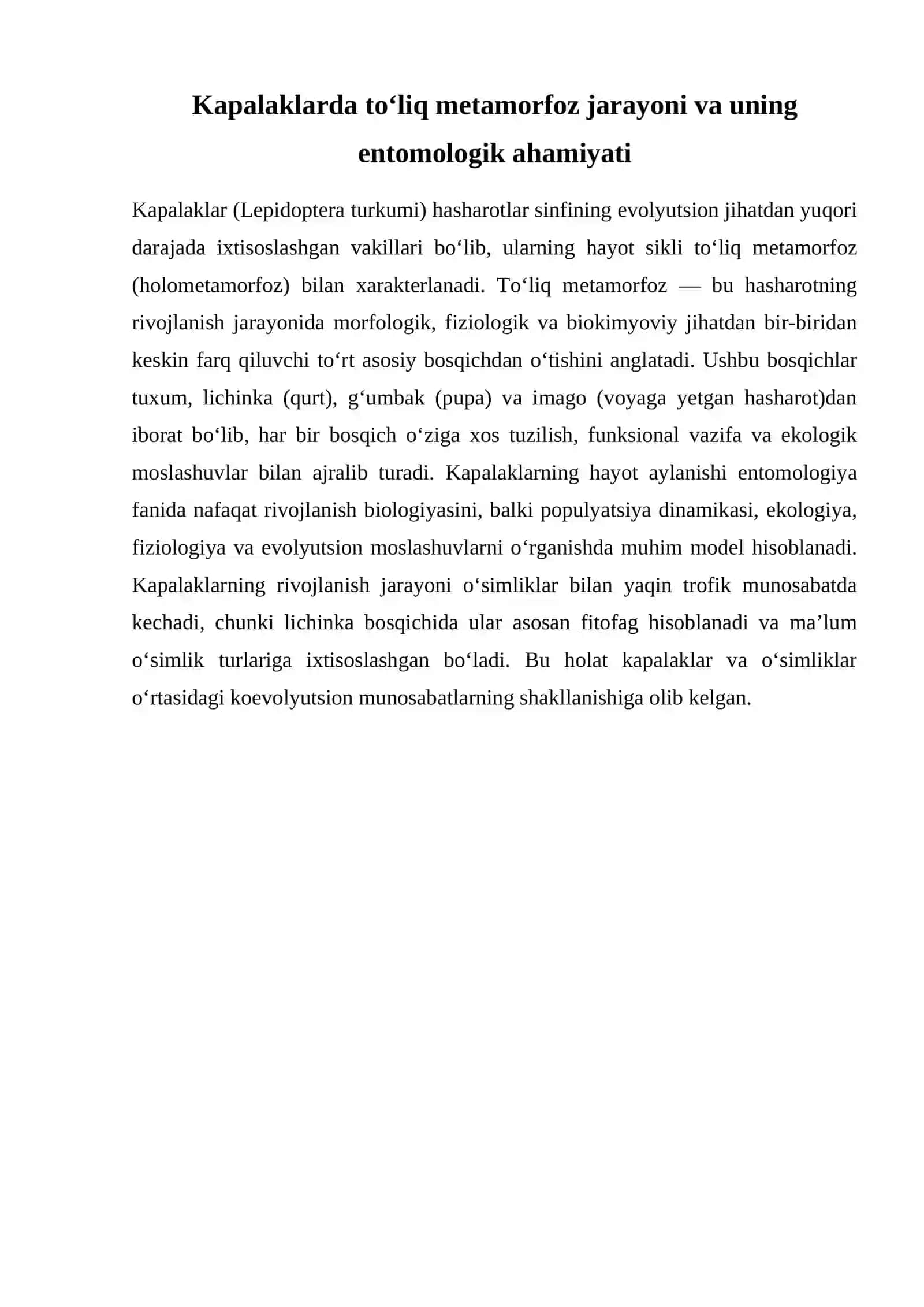 Kapalaklarda to‘liq metamorfoz jarayoni va uning entomologik ahamiyati 2