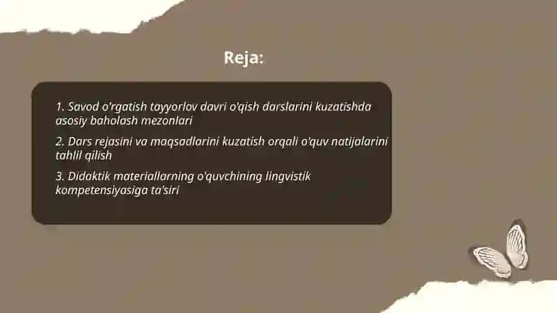 Savod o'rgatish tayyorlov davri o'qish darslarini kuzatish va didaktik materiallarning ahamiyatini tahlil qilish 2