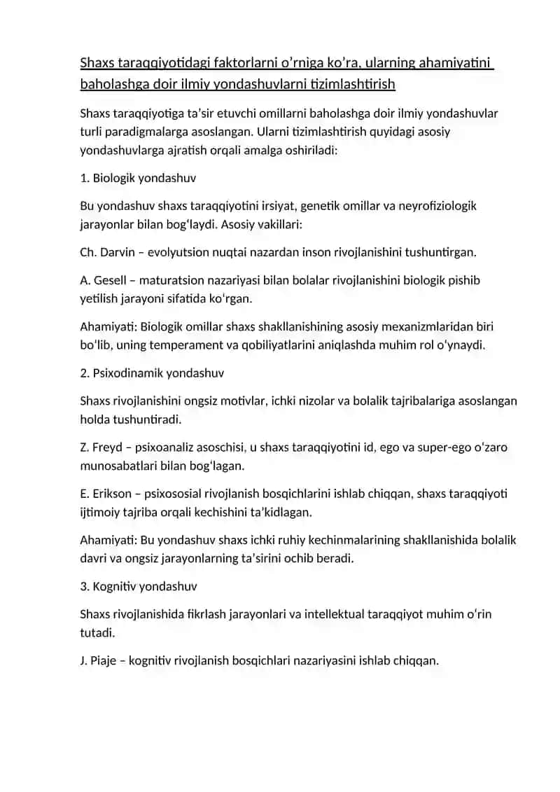 Shaxs taraqqiyotidagi faktorlarni o’rniga ko’ra, ularning ahamiyatini baholashga doir ilmiy yondashuvlarni tizimlashtirish 2