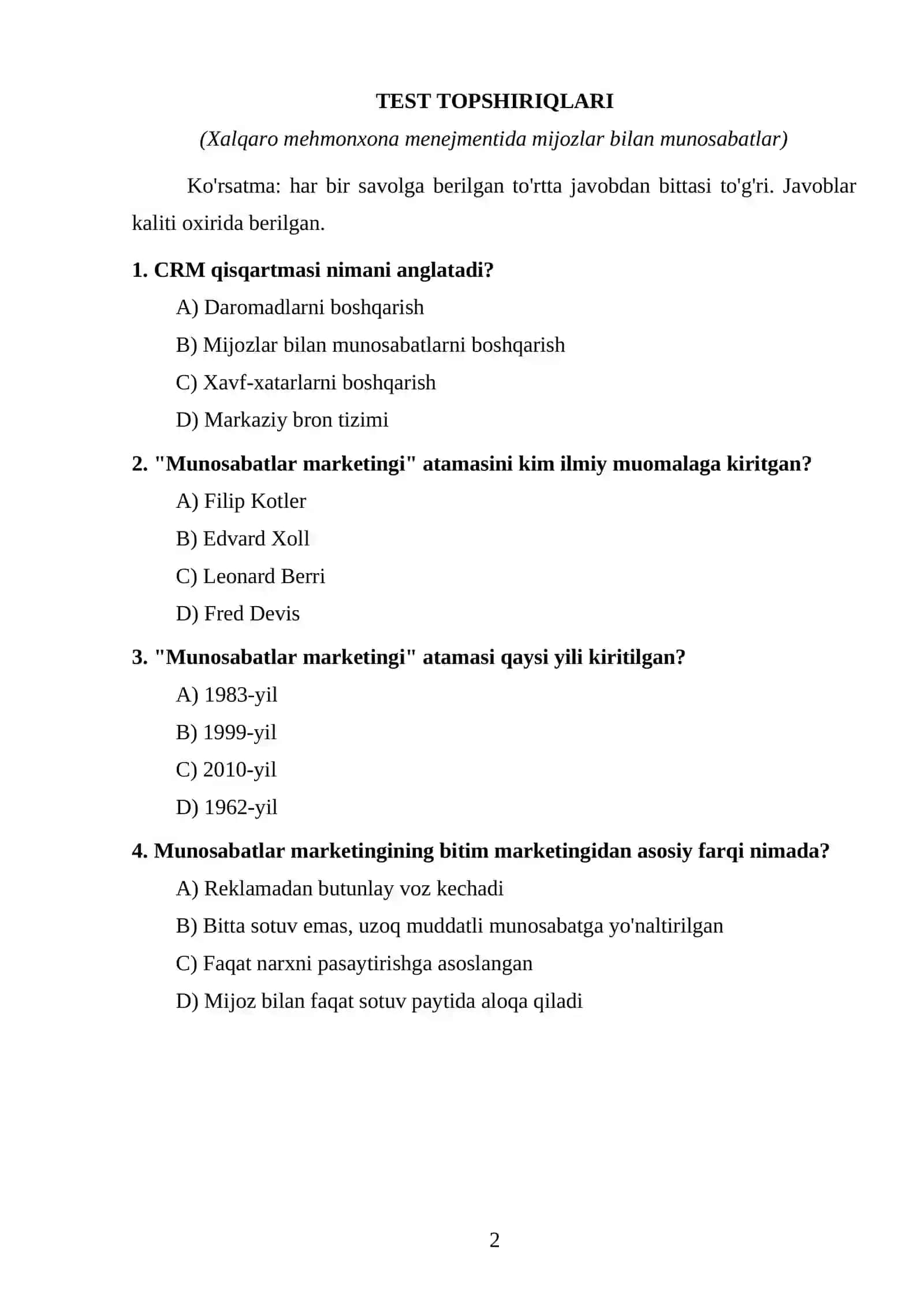 Xalqaro mehmonxona menejmenti test topshiriglari 2