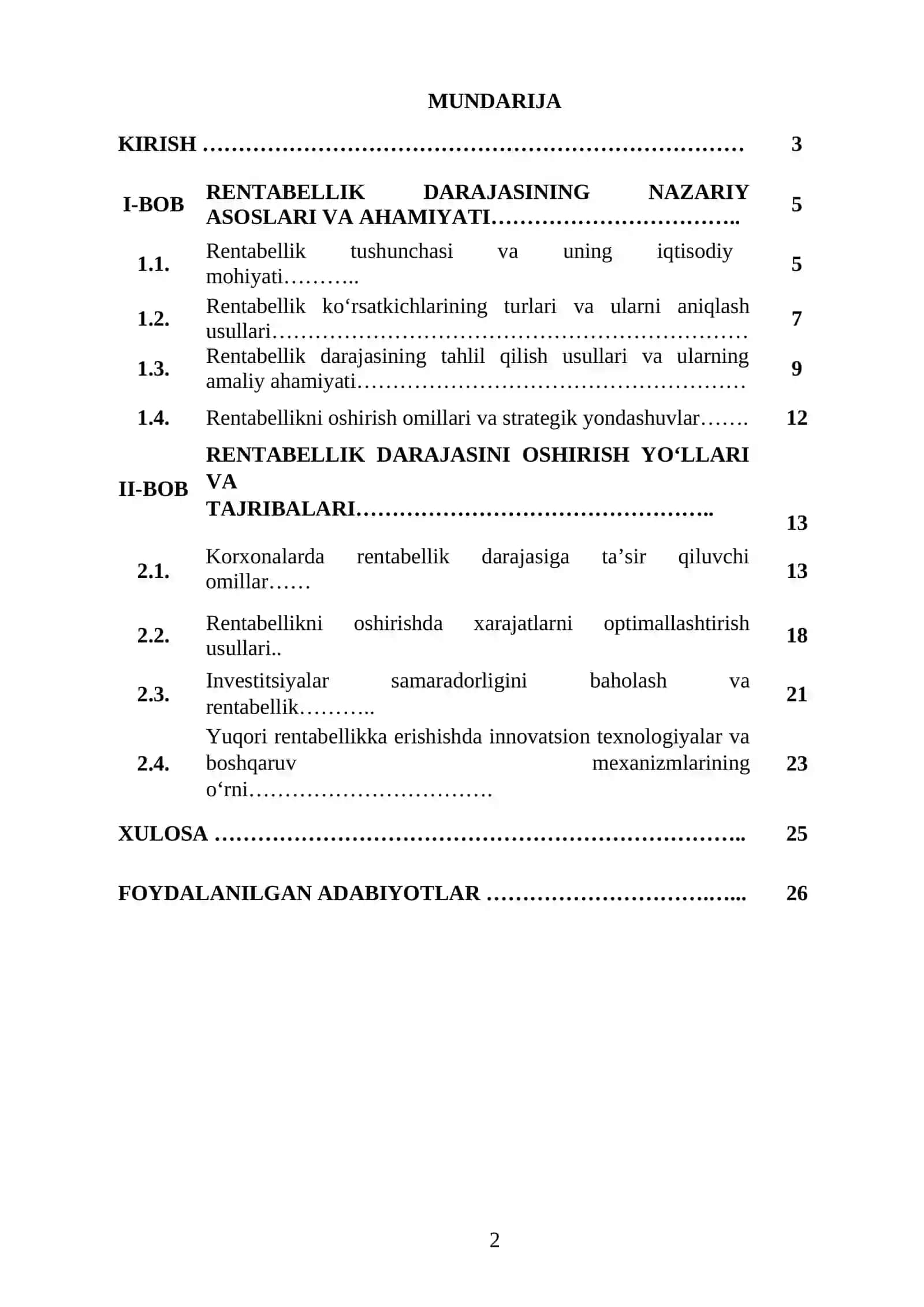 RENTABELLIK DARAJASI 2