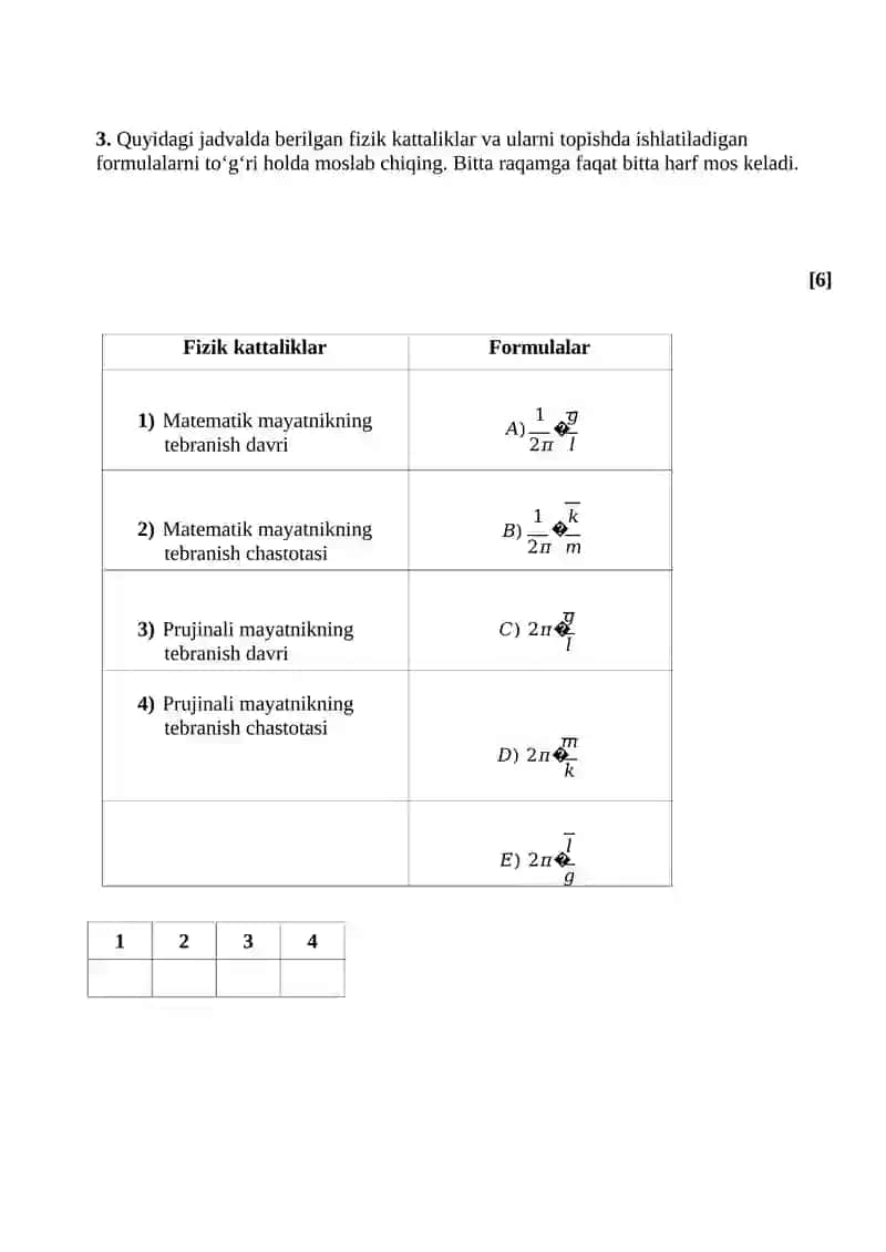 10-sinflar uchun fizika test masalalari 2