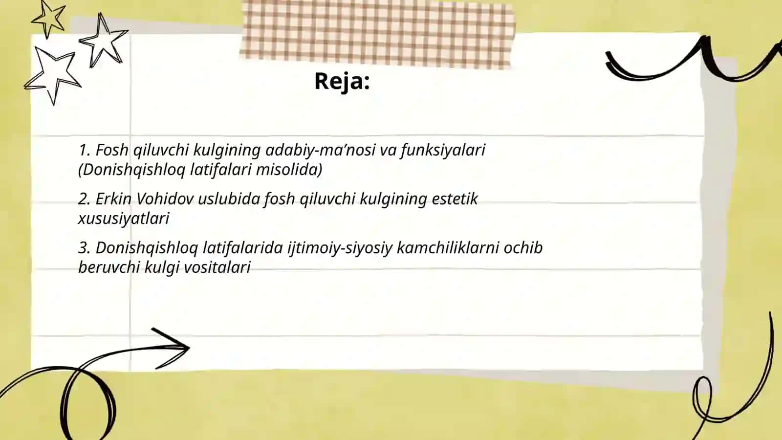 Yumoristik asarlarda fosh qiluvchi kulgining o'rni (Erkin Vohidovning "Donishqishloq latifalari" asari asosida) 2