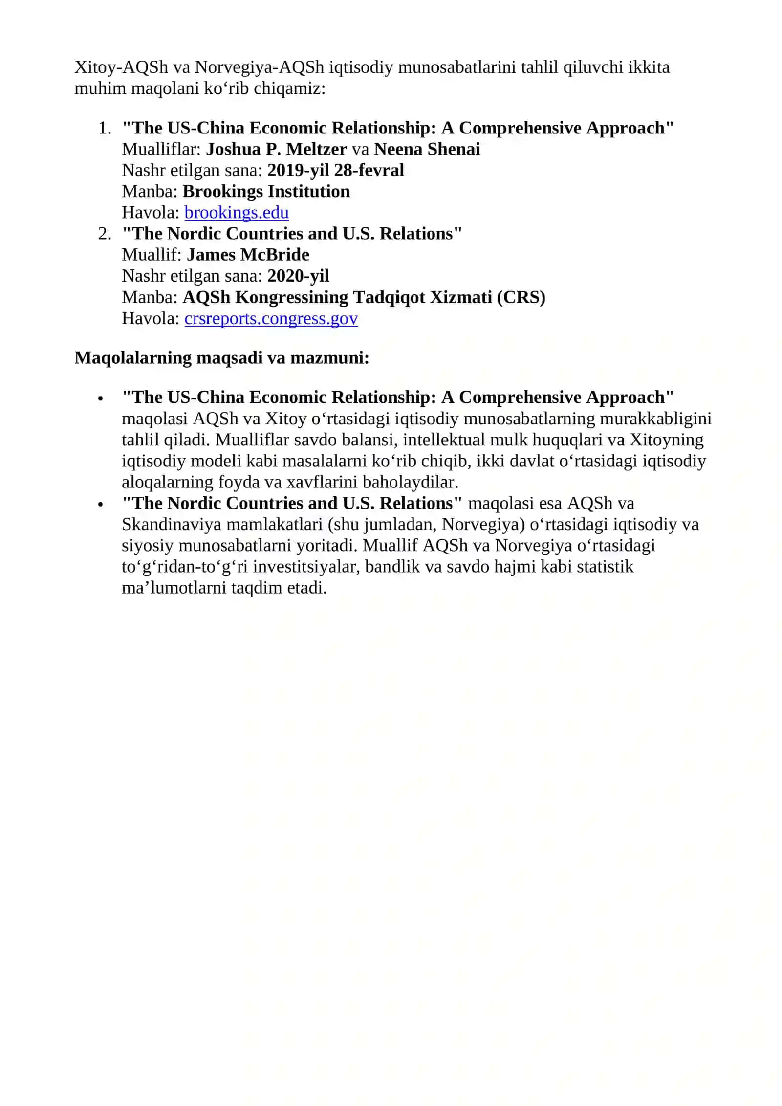 AQSHning Norvegiya va Xitoy bilan zamonaviy tashqi iqtisodiy faoliyatining rivojlanishini tahlil qilish 2