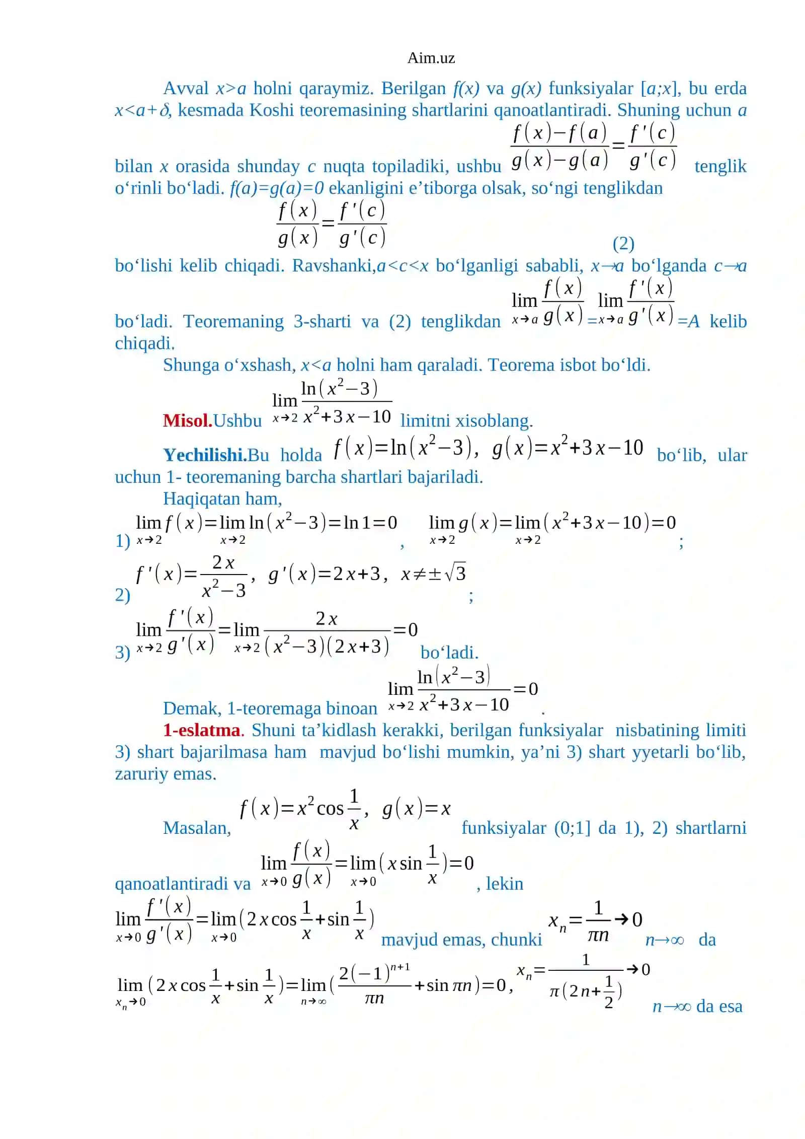 Aniqmasliklarni ochish. Lopital qoidalari 2