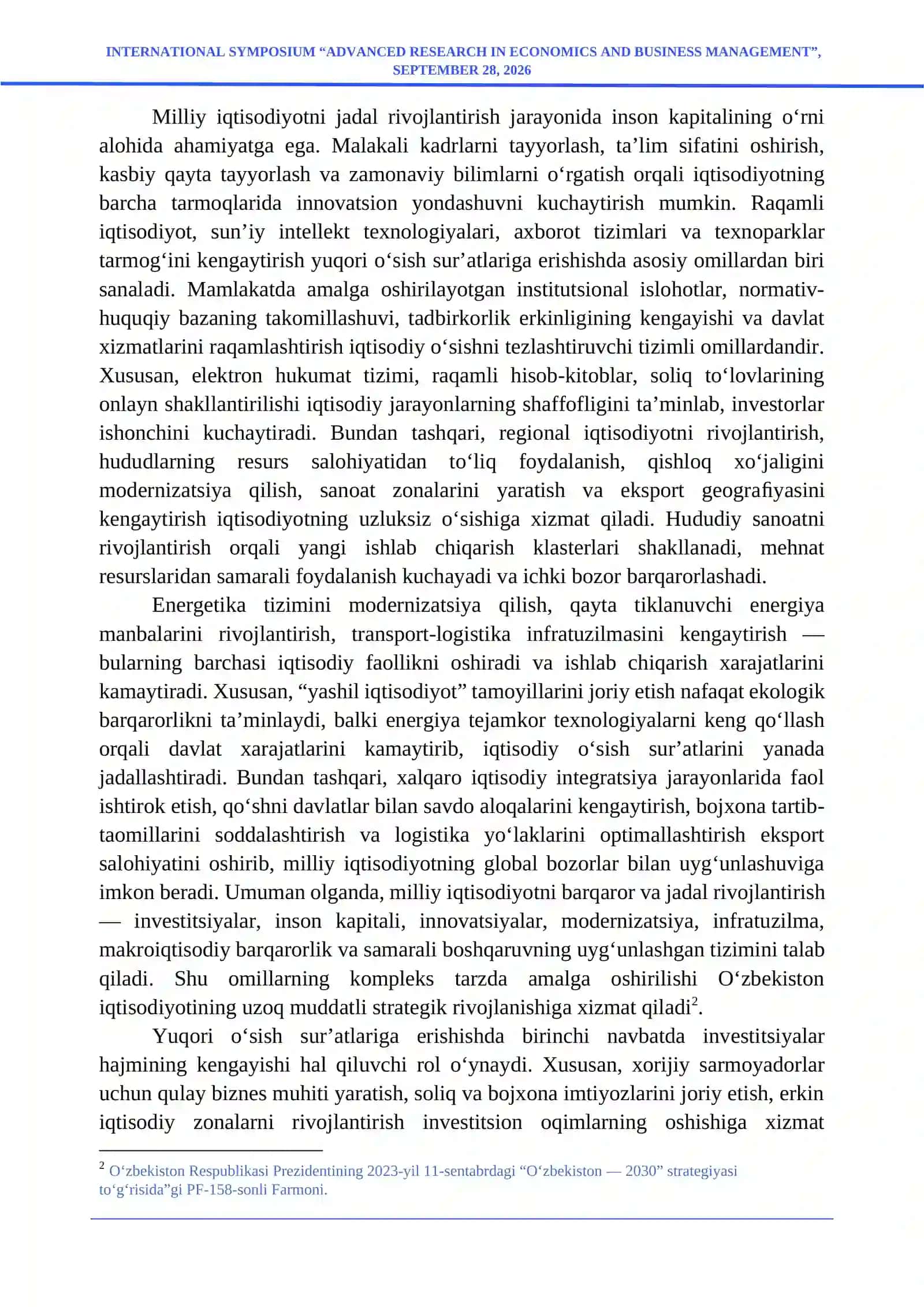 Milliy iqtisodiyotni jadal rivojlantirish va yuqori o’sish suratlarini ta’minlash 2
