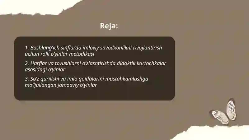 Boshlanğich ta’limda imloviy savodxonlik bòyicha turli didaktik òyinlardan foydalanish Farangiz 2