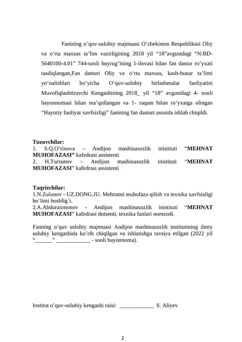 MEHNAT MUHOFAZASI VA TEXNIKA XAVFSIZLIGI 2