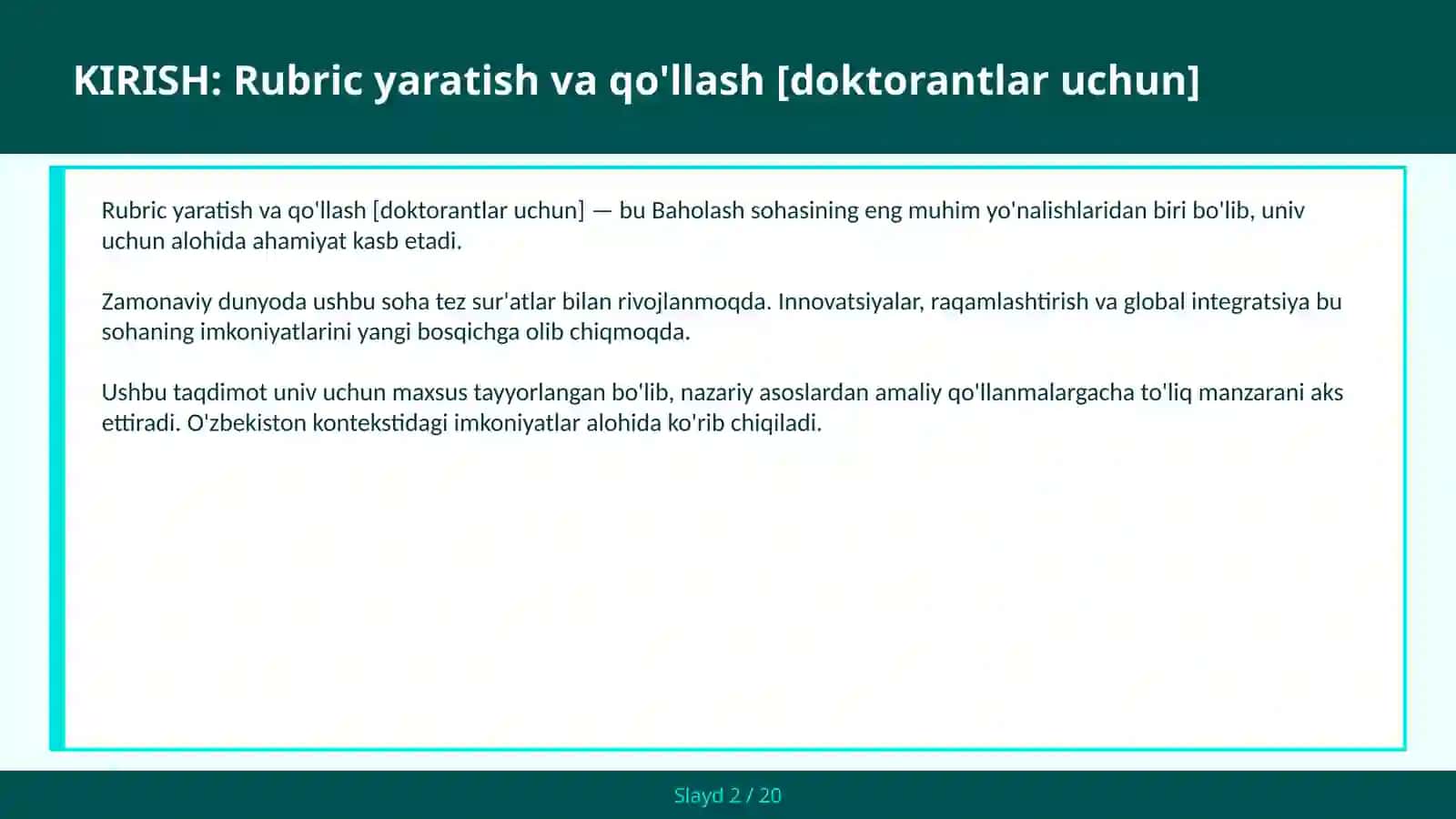 Rubric yaratish va qo'llash [doktorantlar uchun] 2