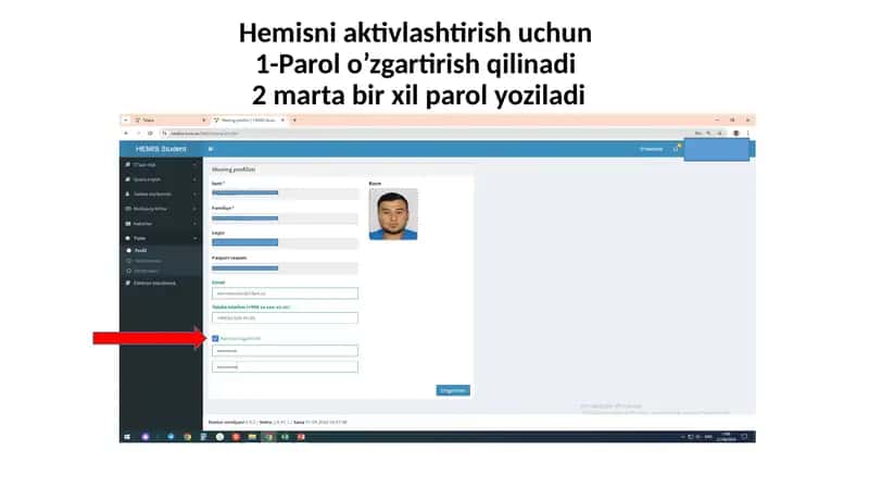 - Teglar: ID, Parol, Pasport seriya raqami, aktivlashtirish, O'rgartirish, talaba ma'lumoti, talaba hujjati 2