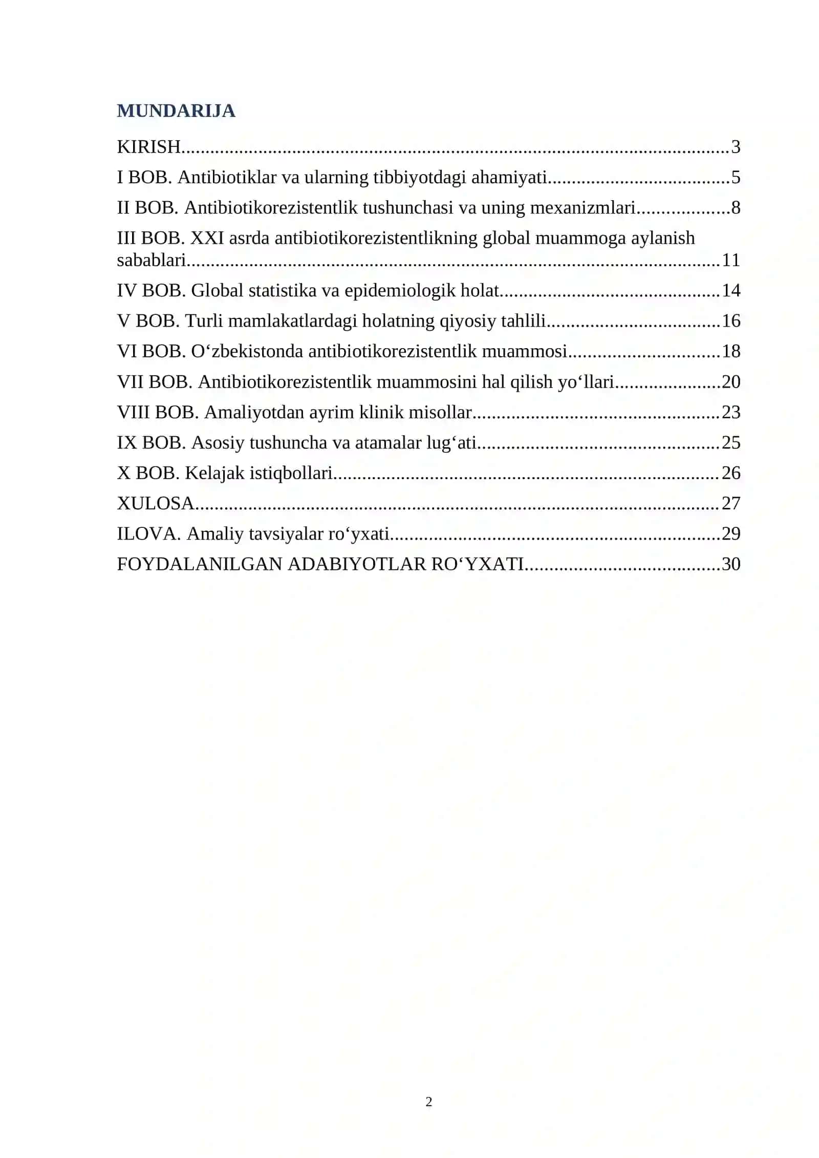 Antibiotiklarga chidamlilik (Antibiotikorezistentlik) — Tayyor referat, 30 bet (Word, .docx) 2